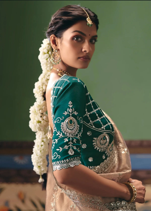 Nude Beige Organza Silk Saree with Bottle Green Contrast Blouse