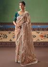 Nude Beige Organza Silk Saree with Bottle Green Contrast Blouse