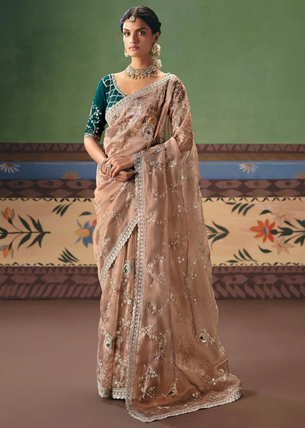 Nude Beige Organza Silk Saree with Bottle Green Contrast Blouse