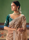 Nude Beige Organza Silk Saree with Bottle Green Contrast Blouse
