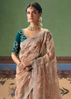 Nude Beige Organza Silk Saree with Bottle Green Contrast Blouse