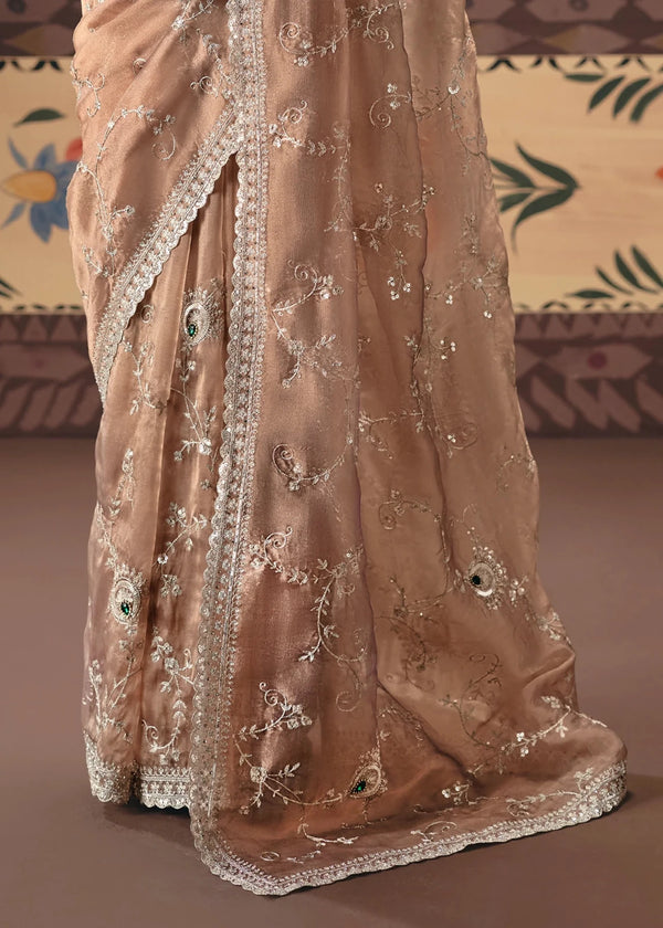 Nude Beige Organza Silk Saree with Bottle Green Contrast Blouse