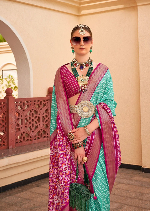 Ocean Green And Maroon Woven Printed Patola Silk Saree