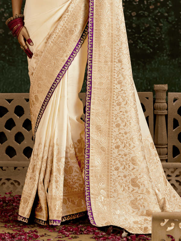 Off White Designer Banarasi Dola Silk Saree With Golden Zari Work