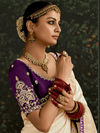 Off White Designer Banarasi Dola Silk Saree With Golden Zari Work