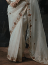 Off White Embroidered Designer Organza Silk Saree With Contrast Blouse