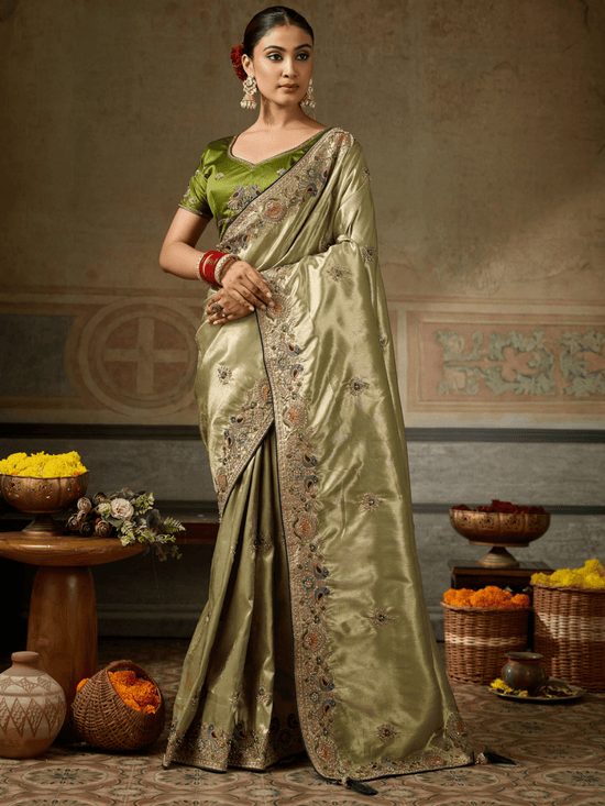 Olive Gold Banarasi Satin Silk Saree With Contrast Blouse