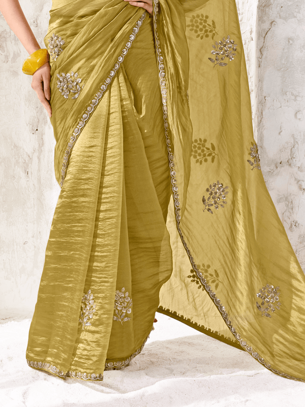 Olive Gold Embroidered Designer Organza Silk Saree With Contrast Blouse