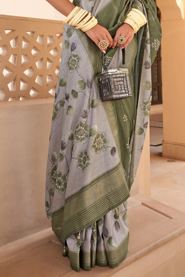 Olive Green And Grey Banarasi Silk Saree With Floral Design
