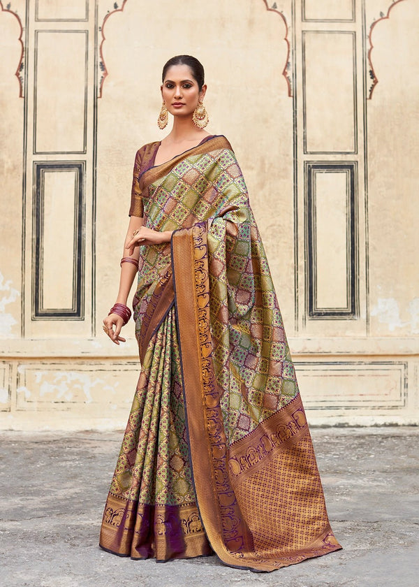 Olive Green And Purple Dharmavaram Silk Saree