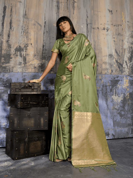 Olive Green Banarasi Satin Silk Saree