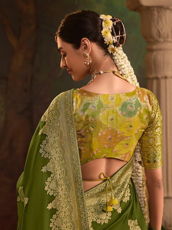 Olive Green Banarasi Silk Saree