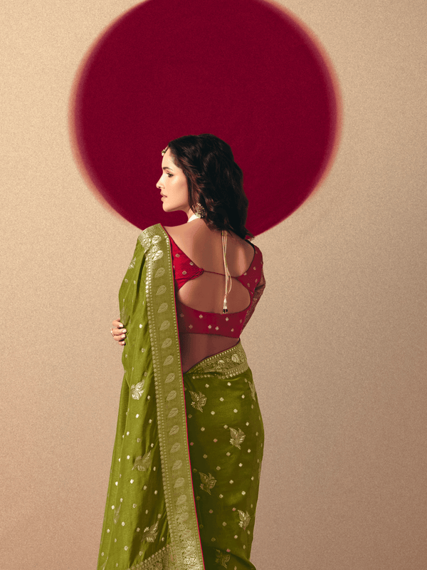 Olive Green Banarasi Silk Saree With Contrast Blouse