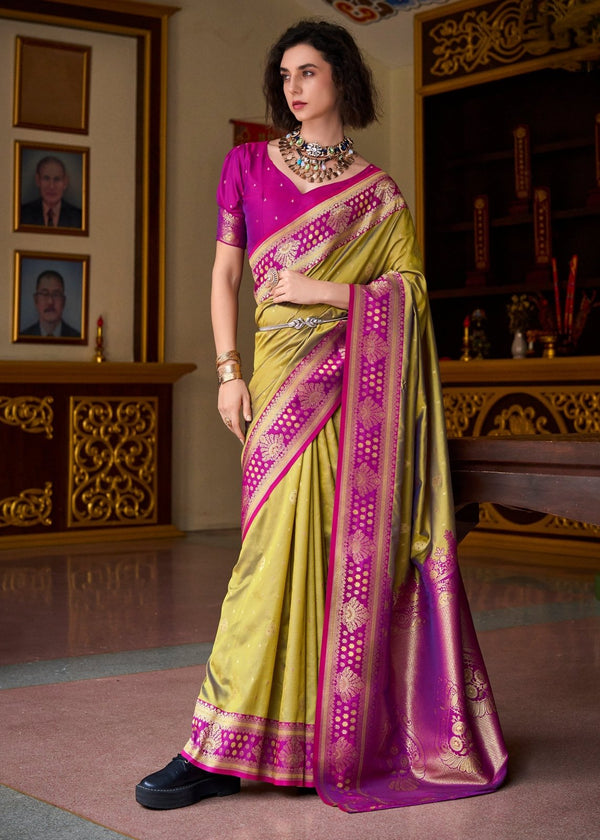 Olive Green Banarasi Silk Saree With Contrast Blouse