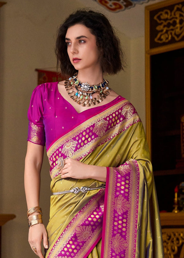 Olive Green Banarasi Silk Saree With Contrast Blouse
