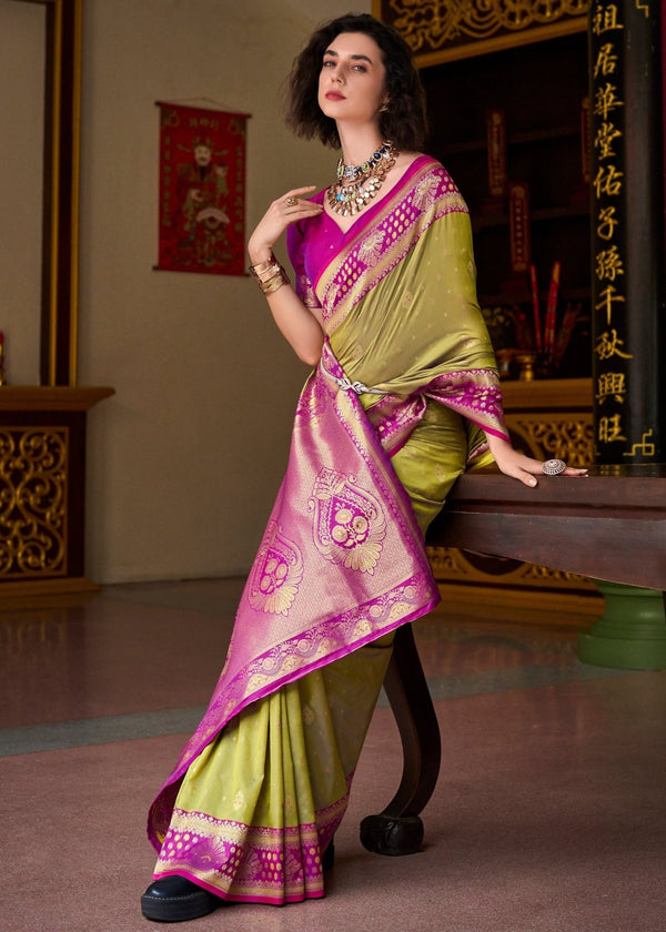 Olive Green Banarasi Silk Saree With Contrast Blouse