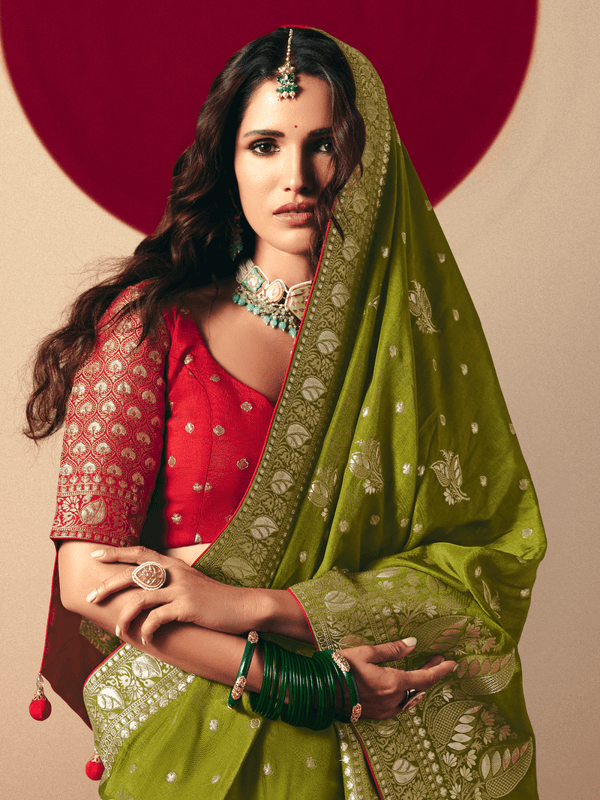 Olive Green Banarasi Silk Saree With Contrast Blouse