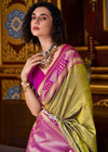 Olive Green Banarasi Silk Saree With Contrast Blouse