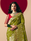 Olive Green Banarasi Silk Saree With Contrast Blouse