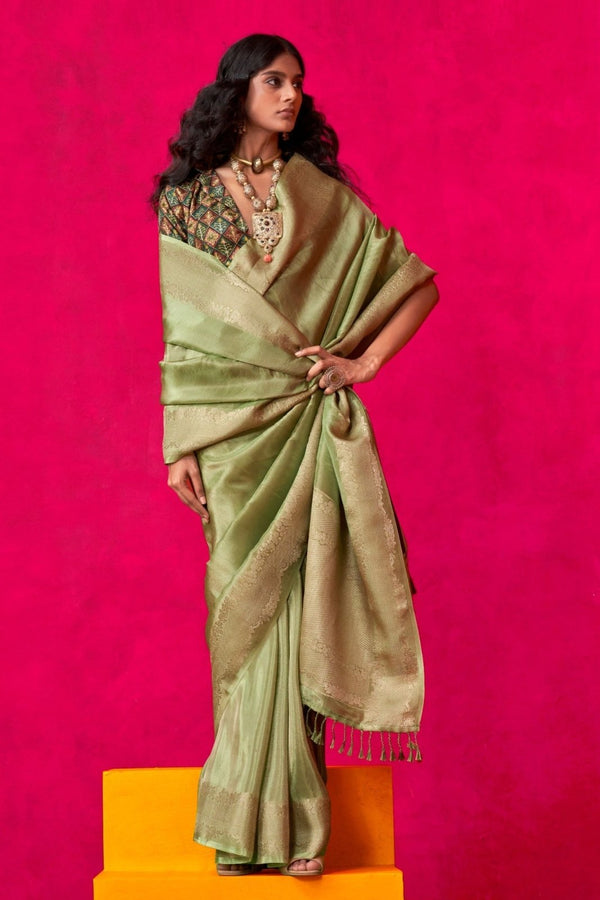 Olive Green Banarasi Tissue Silk Saree