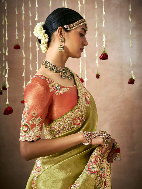 Olive Green Bridal Zari Woven Pure Tissue Dola Silk Saree