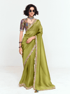 Olive Green Designer Satin Silk Saree With Contrast Blouse