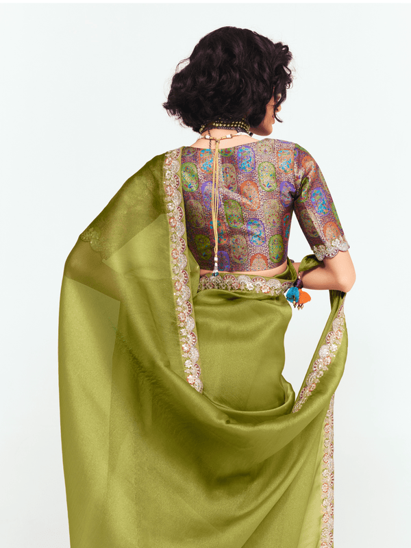 Olive Green Designer Satin Silk Saree With Contrast Blouse