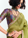Olive Green Designer Satin Silk Saree With Contrast Blouse