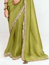 Olive Green Designer Satin Silk Saree With Contrast Blouse