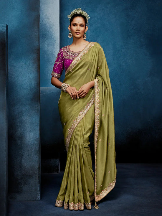 Olive Green Designer Silk Saree with Contrast Magenta Blouse