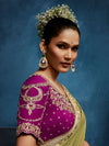 Olive Green Designer Silk Saree with Contrast Magenta Blouse