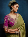 Olive Green Designer Silk Saree with Contrast Magenta Blouse