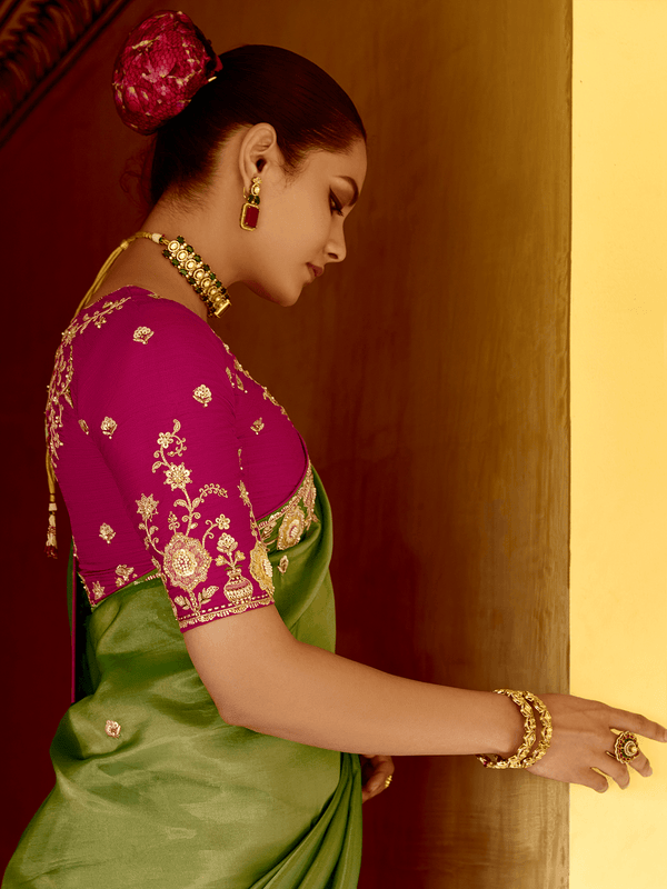 Olive Green Designer Tissue Silk Designer Saree With Embroidery