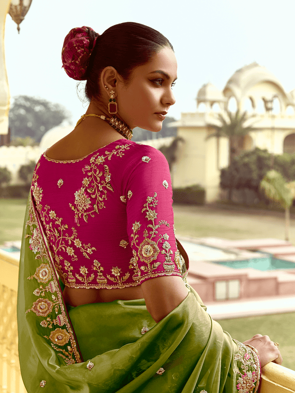 Olive Green Designer Tissue Silk Designer Saree With Embroidery