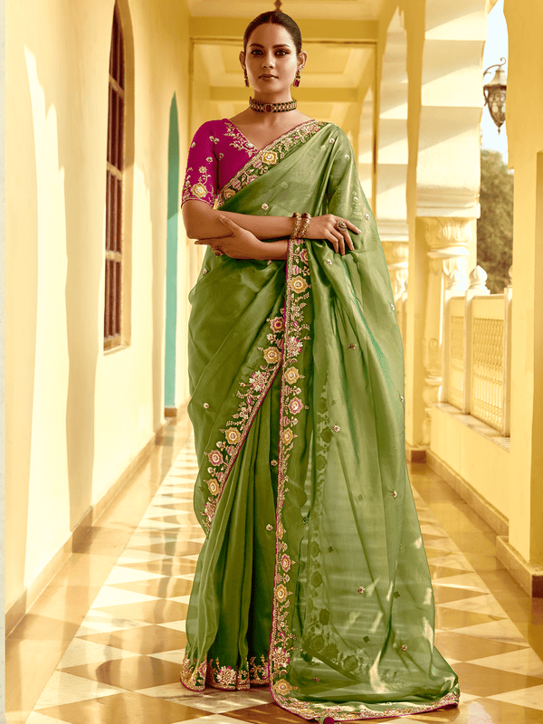 Olive Green Designer Tissue Silk Designer Saree With Embroidery