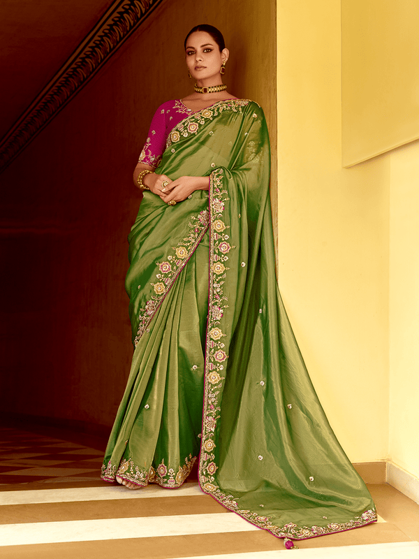 Olive Green Designer Tissue Silk Designer Saree With Embroidery