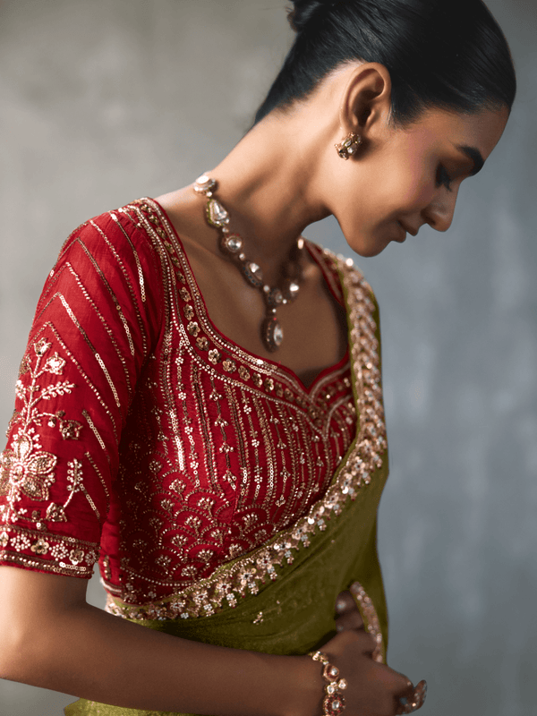 Olive Green Designer Tissue Silk Saree With Contrast Blouse