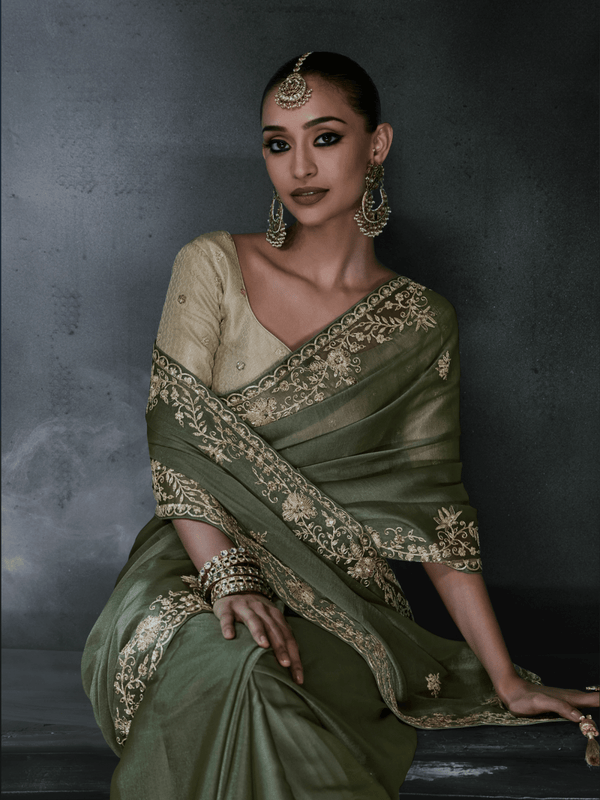 Olive Green Embroidered Designer Organza Silk Saree
