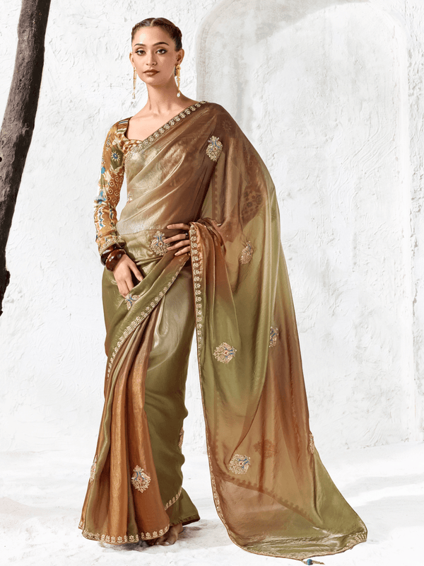 Olive Green Embroidered Designer Organza Silk Saree With Contrast Blouse
