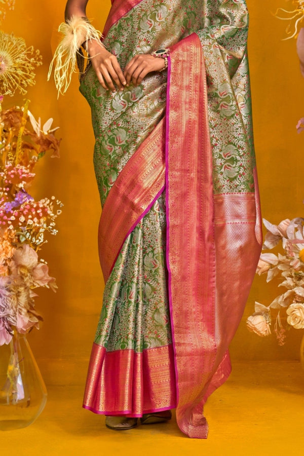 Olive Green Kanjivaram Silk Saree with Gold Zari
