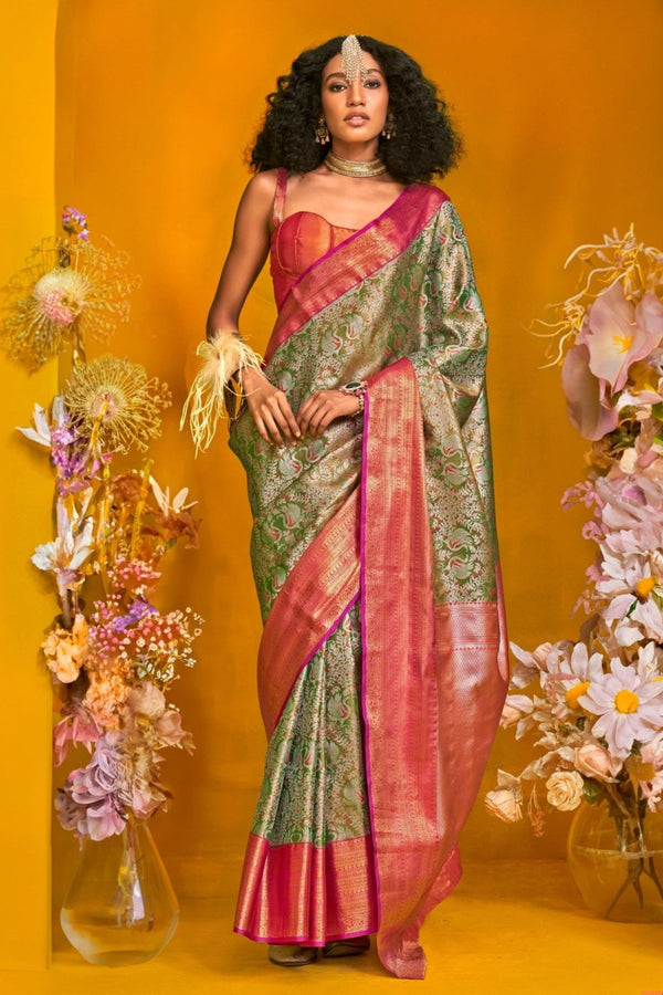 Olive Green Kanjivaram Silk Saree with Gold Zari