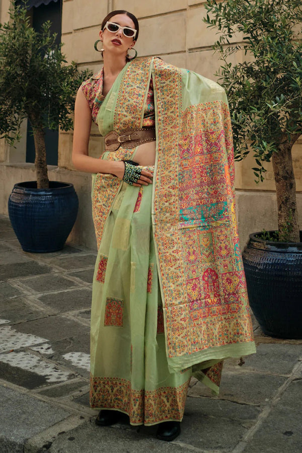 Olive Green Kashmiri Jamawar Handloom Silk Saree