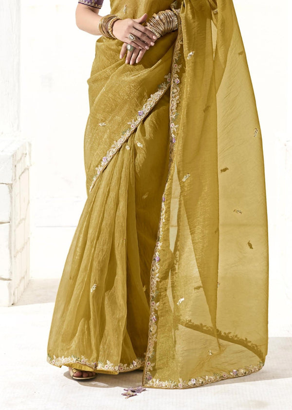 Olive Green Organza Tissue Silk Saree