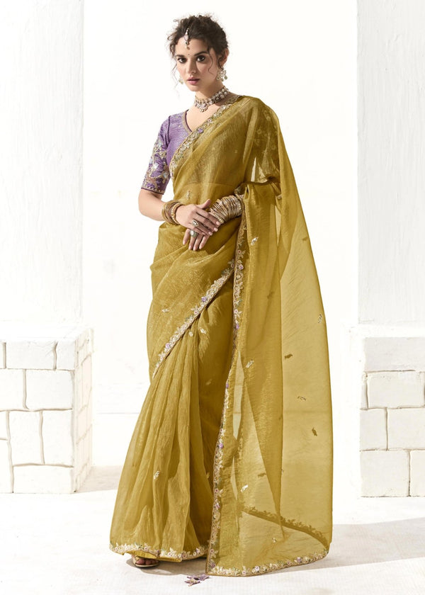 Olive Green Organza Tissue Silk Saree