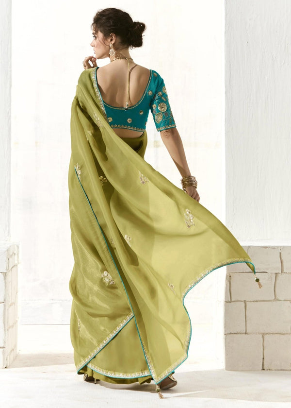 Olive Green Organza Tissue Silk Saree