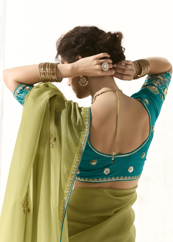 Olive Green Organza Tissue Silk Saree