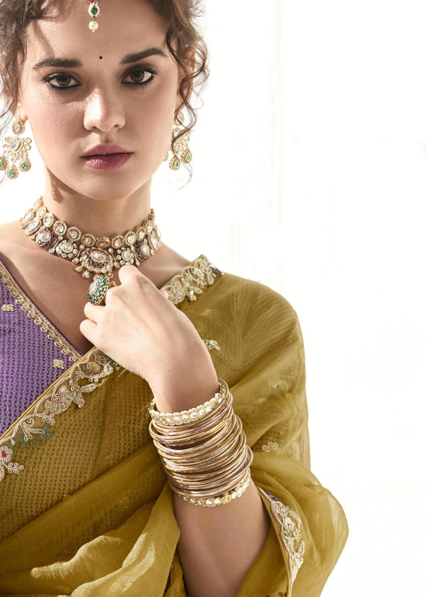 Olive Green Organza Tissue Silk Saree