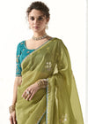 Olive Green Organza Tissue Silk Saree