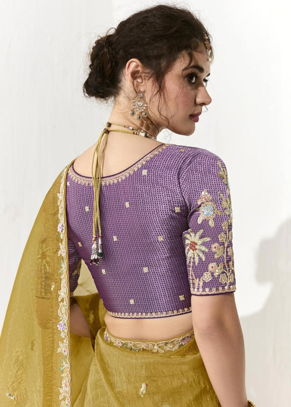 Olive Green Organza Tissue Silk Saree