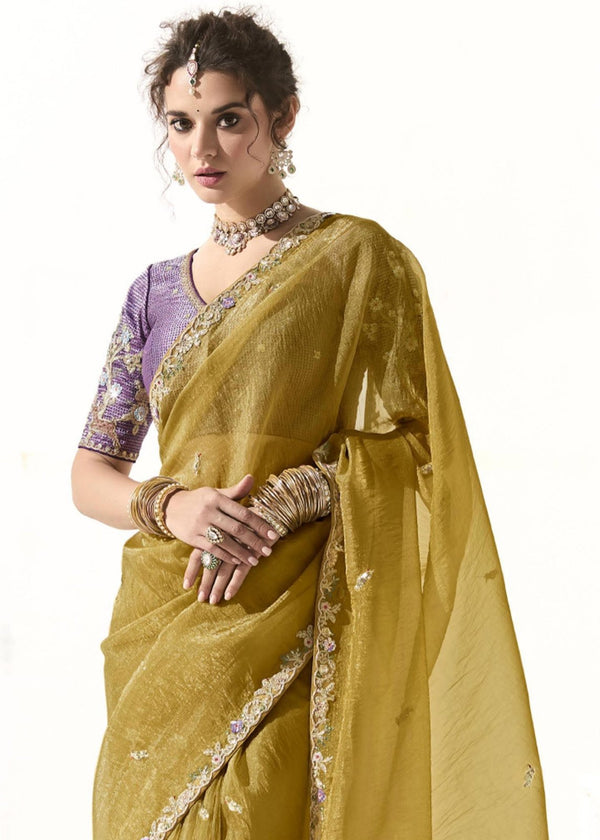 Olive Green Organza Tissue Silk Saree